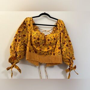 NWT EDDY Payton Puff Sleeve‎ Floral Top with Fringe - L